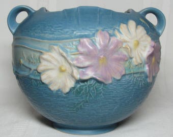 Roseville Pottery, Cosmos, Large Blue Rose Bowl, Very Nice~~