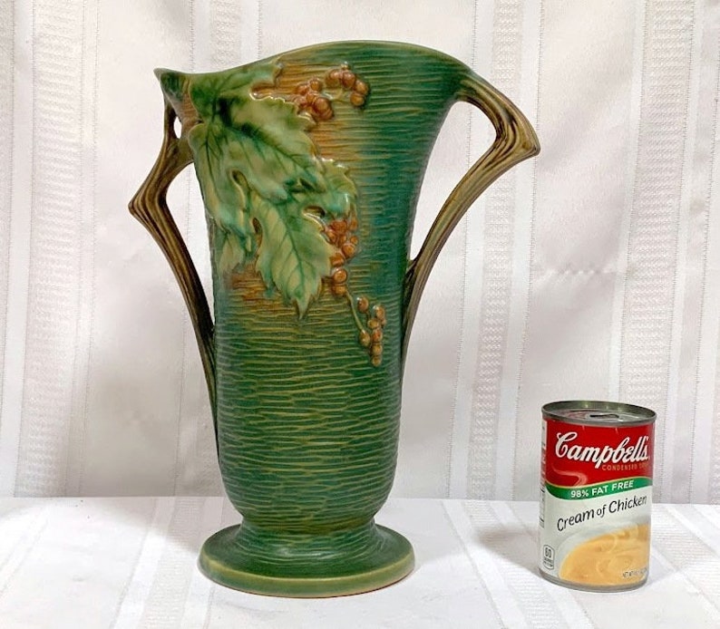 Roseville Pottery, Bushberry, Large Green Double Handled Vase, Excellent Detail Etsy