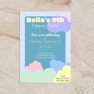 Printable Pamper Party Invite - Cute Cloud Birthday Invite - Pastel Kid&#39;s Sleepover Birthday Party Invitation Template