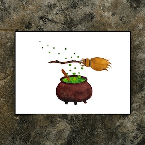 Broom and Cauldron Watercolor Wall Art - Halloween Watercolor Print - Halloween Decor - Digital Download - Original Work - Watercolor Print