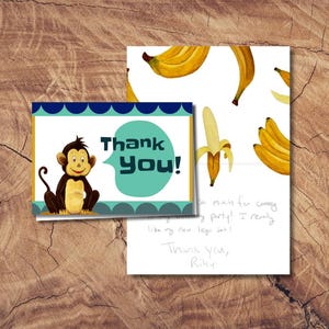 Afdrukbaar verjaardagsfeestje aap bedankje - schattige bananenkaart - Kid's Goofy Jungle Bash - Decor zomerregenwoud feest - bewerkbaar