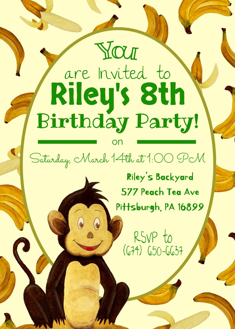 Printable Monkey Birthday Party Invitation - Cute Banana Invite - Kid's ...