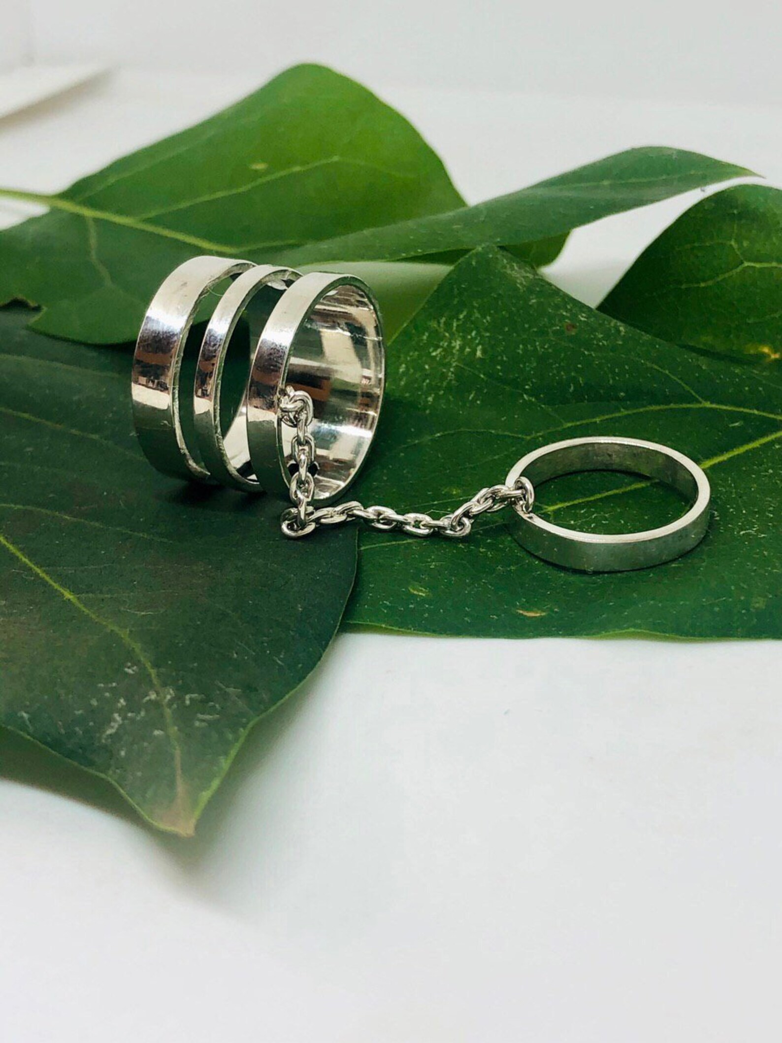 Sterling Silver Chain Linked Double Ring Chained Rings Double Etsy