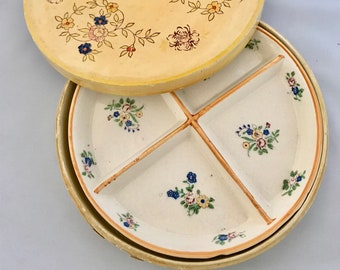 Vintage Majolica Japan 4 Section Plate with Decorative Box. 1960's Japanese Plate with Original Box. Vintage Japanese Ceramic Section Plate.