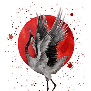 Japanese Red-Crowned Crane Dance - Original Ink Painting