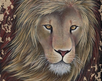 Golden King - Lion Acrylic on Canvas Board with Gold Leaf 8x10 - Original Painting