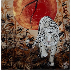 Japanese White Tiger Art Print: Watercolor Coffee Painting