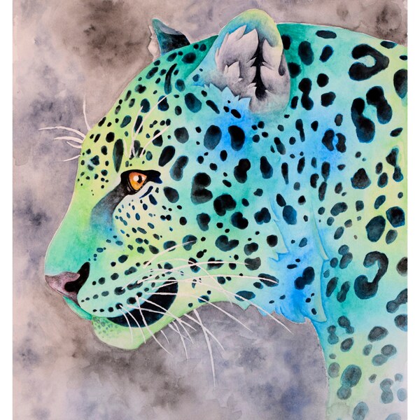 Leopard Blues Watercolour Painting Art Print Multiple Sizes (6x4 8x6 or 12x8)