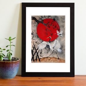 Japanese Style Red-Crowned Crane Watercolour Painting Art Print Multiple Sizes (6x4 8x6 or 12x8)