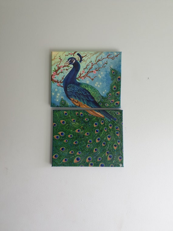 青い孔雀のアクリル画（デュアルキャンバス、8 x 10インチ） - Etsy 日本