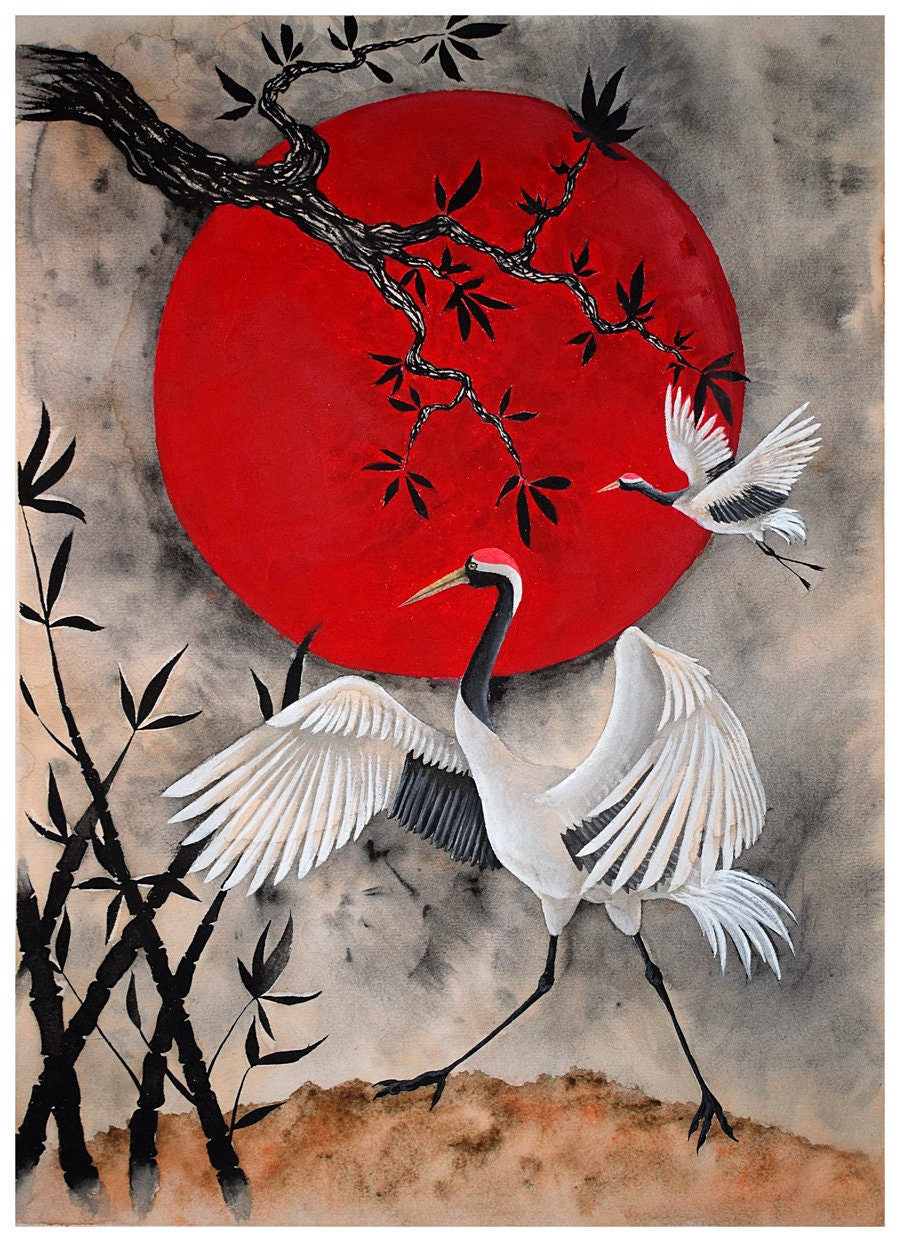 Japanese Style Redcrowned Crane Watercolour Original Painting, A3 15 X