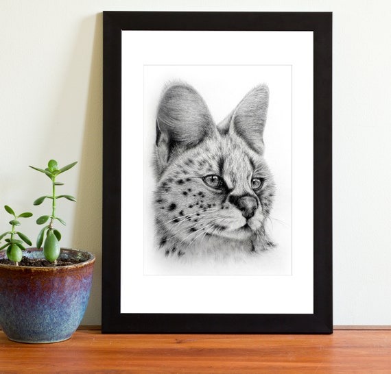 グラファイトアートプリントのサーバル 大きな猫の絵 複数のサイズ (A4  