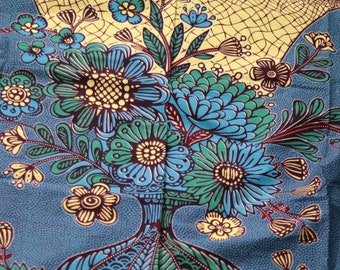 Blue Floral Ankara Wax Cotton Fabric - Sold by the Yard