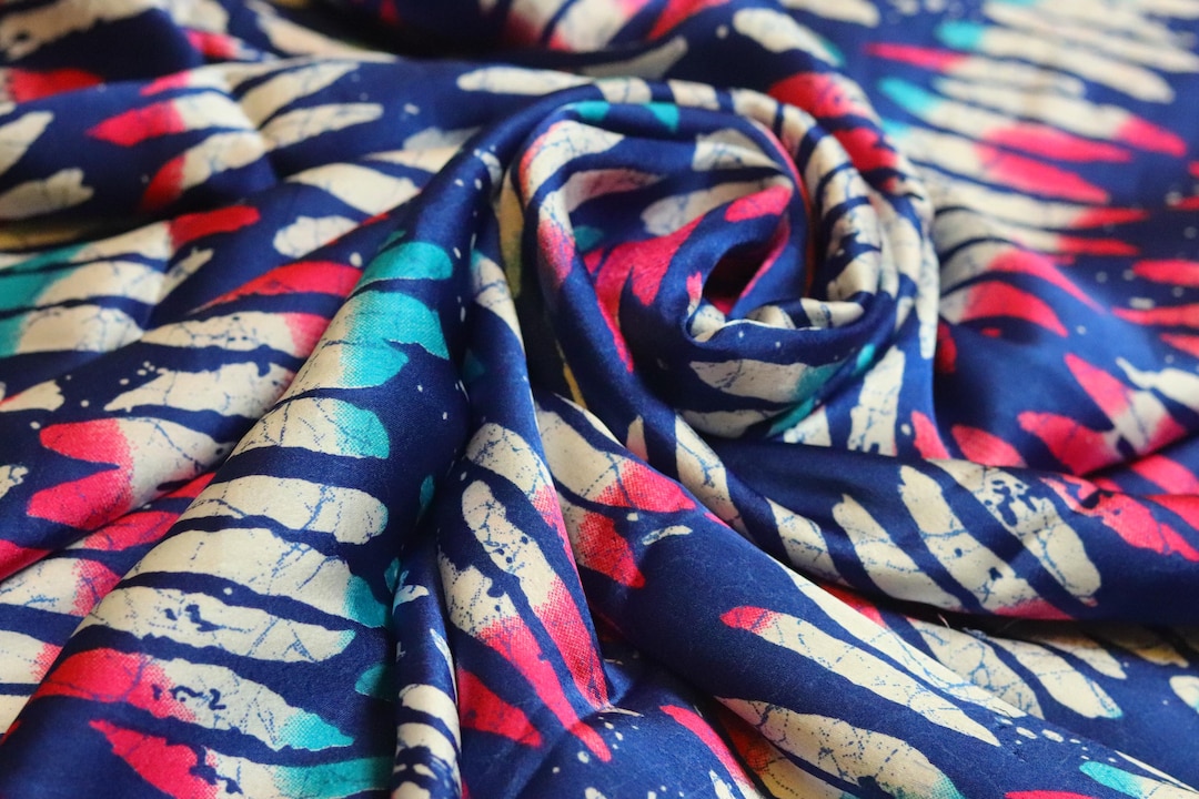 Blue & Pink Brush Batik Silky Fabric - Adire Style - 45