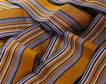 Mustard Gold Aso Oke Fabric | Black & White Striped Nigerian Woven Textile Traditional African Fabric| Sold by the Strand