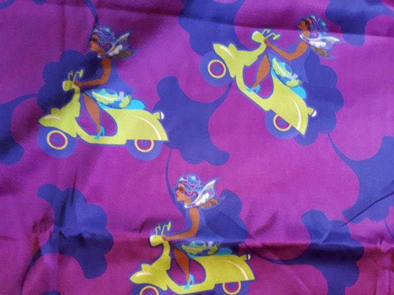 African Cloth scooter print Poly Satin Fabric Fabric by the yard Headwrap African Print Satin Ankara flowers Biker girl Red Satin
