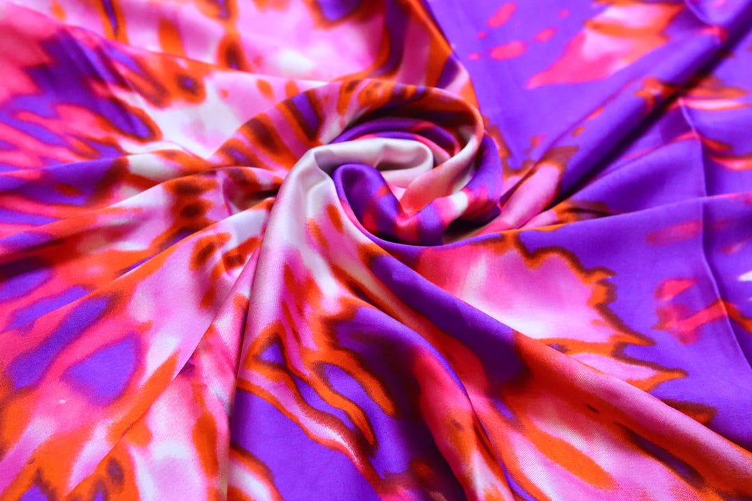 Pink & Purple Tie Dye Silky Satin Fabric: Adire Block Print, 45