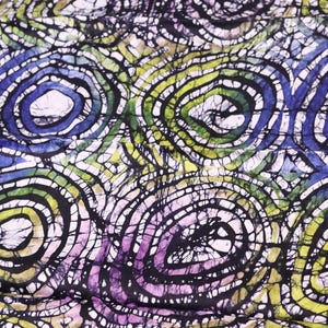 Multicolored &quot;circle of life&quot; Nigerian adire batik hand printed shapes in colours fabric sold by the Yard