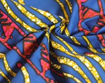May include: Blue fabric with a patterned design featuring yellow, pink, and black stripes and abstract shapes.