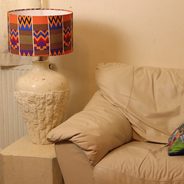 Orange Kente african print inspired fabric drum 35cm lampshade,