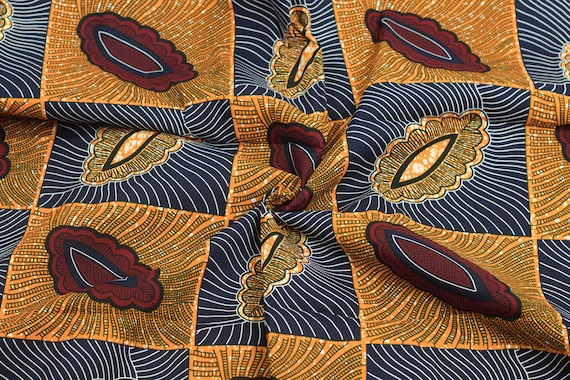 Brown Ankara Fabric: African Wax Print Cotton, Dark Red Accents - Sold by the Yard