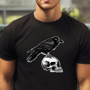 Raven on Skull T-Shirt, Gothic Tee, Unisex Graphic Top, Bird and Skull Clothing