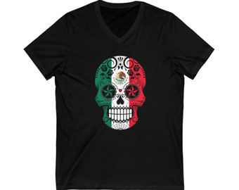 T-shirt unisexe à col en V et crâne en sucre avec drapeau mexicain