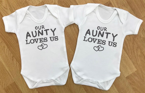 Our Aunty Loves Us - baby twins gift set, baby twins bodysuits, baby twins vests, baby twins grow, baby twins gift, gifts for twins, twins