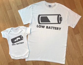 Low Battery Full Battery -  matching father & baby/kids gift, baby t shirt and dad tshirt, create gift set by adding each (sold separately)