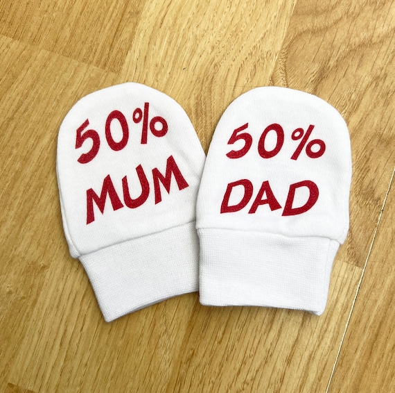 50% Mum & Dad - Baby Mittens - Newborn-3 months Baby Gift, Baby Boy, Baby Girl, Hospital bag
