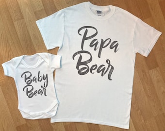 Papa Bear Baby Bear matching father baby gift set, baby boy and baby girl gift, dad and baby matching shirt, dad gift, gift for daddy- White