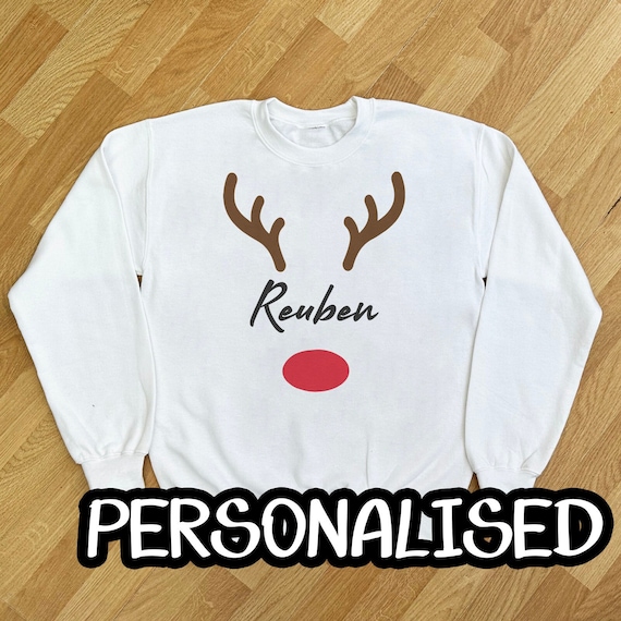 Christmas Sweater Personalised with Name & Reindeer Face Outline Christmas Jumper, a Festive Gift For Christmas and can make Matching