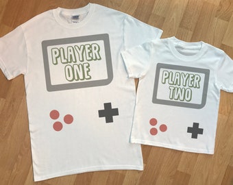 Player 1 & Player 2 -  matching father and baby / kids gift set, baby t shirt and dad tshirt, kids t shirt and dads t shirt, baby gift set