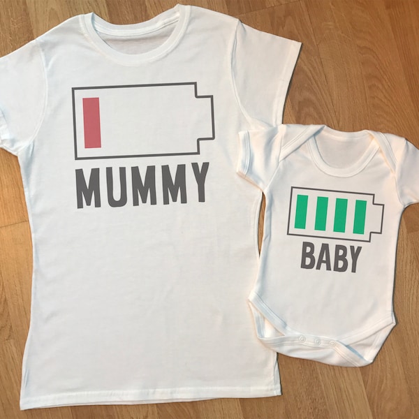 Mum & Baby Battery -  matching mother and baby gift set, baby bodysuit and mum tshirt, baby gift set, mum gift - gift for mummy - WHITE