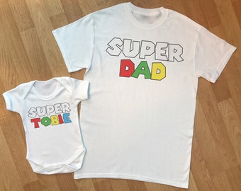 Custom Personalised Super Name & Super Dad - matching baby gift set, matching father baby gift set, dad and baby match, dad gift