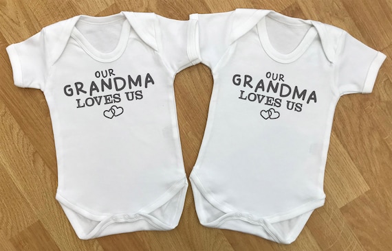 Our Grandma Loves Us - baby twins gift set, baby twins bodysuits, baby twins vests, baby twins bodysuit, baby twins gift, gifts for twins