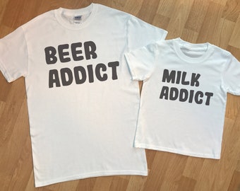 Beer Addict Milk Addict - cadeau assorti père et bébé/enfants, baby top - papa t-shirt sélection - ajouter chacun pour faire un ensemble - (vendu séparément)