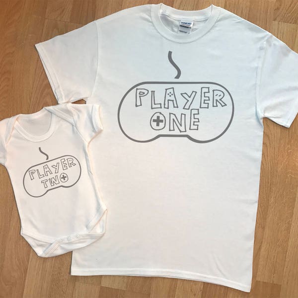 Player One Player Two Gamer -  matching father and baby set, baby bodysuit and dad tshirt, christmas gift, fathers day gift, baby gift set