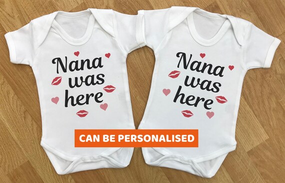Nana Was Here - baby twins gift set, twins bodysuits, baby twins vests, baby twins gift, gifts for twins, twins