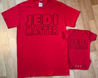 Jedi Master matching father baby gift set, baby boy and baby girl gift, dad and baby matching shirt, dad gift, gift for daddy - RED