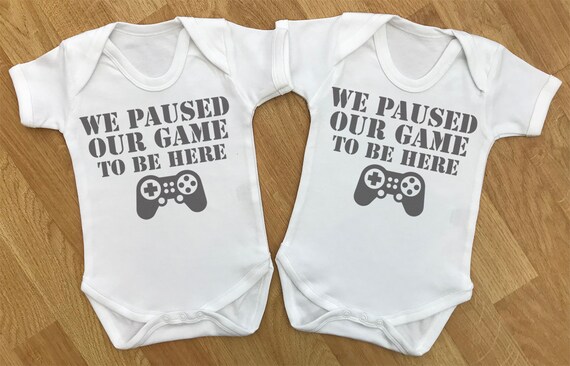 We Paused Our Game Be Here baby twins gift set, baby twins bodysuits, baby twins, baby twins gift, gifts for twins, twins - WHITE
