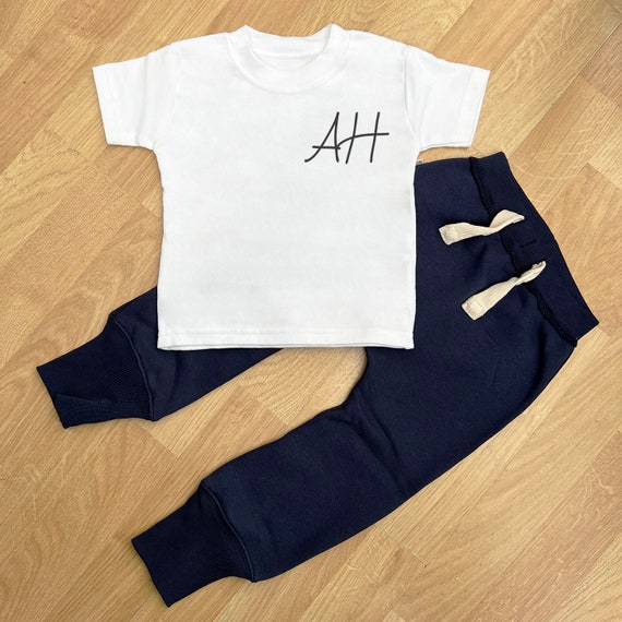Personalised Initials Navy Joggers and Baby T-shirt for Baby & Toddler, Baby Gift