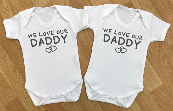 We Love Our Daddy - baby twins gift set, baby twins bodysuits, baby twins vests, baby twins grow, baby twins gift, gifts for twins, twins
