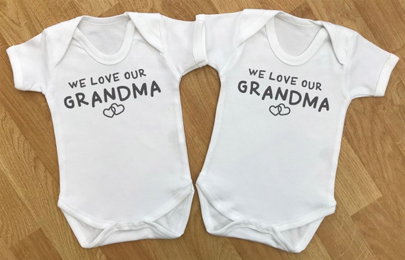 We Love Our Grandma - baby twins gift set, baby twins bodysuits, baby twins vests, baby twins grow, baby twins gift, gifts for twins, twin