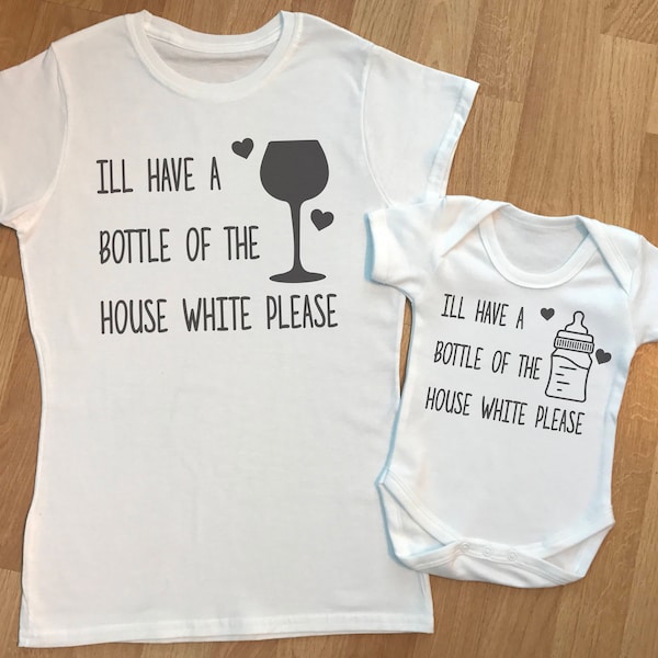 House White Please -  matching mother and baby gift set, baby bodysuit and mum tshirt, baby gift set, mum gift - gift for mummy - WHITE