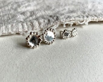 Handmade Sterling Silver Stud Earrings, Embellished Edge, Rustic Finish