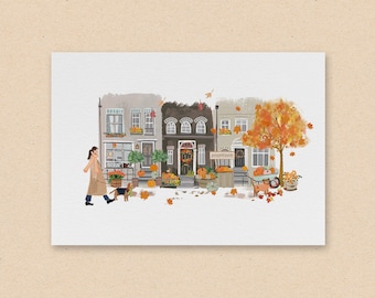 Autumn Print A4 / A5 - A Autumn Illustrated street scene, A  cute print for your home