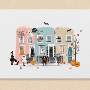 Halloween Print A4 / A5 - A spooky Illustrated trick or treat scene, A fun cute print for your home