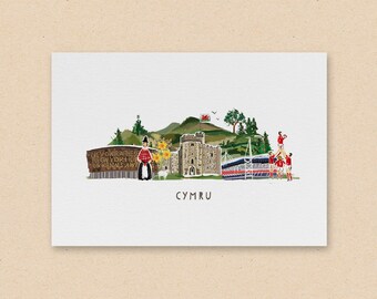 Cymru / Welsh A4 / A5 print - Welsh icon print featuring Cardiff Castle / Millennium Stadium / Welsh Millennium Centre perfect Welsh Gift