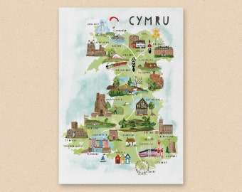 Cymru Welsh Map Print A4  -  Town Illustrations, Wales Gifts, Map of Wales, Map Art, Map Cymru